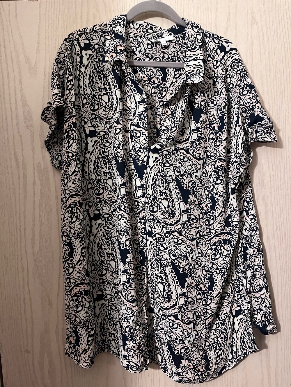 Sejour Navy and White Paisley Tie-Neck Blouse